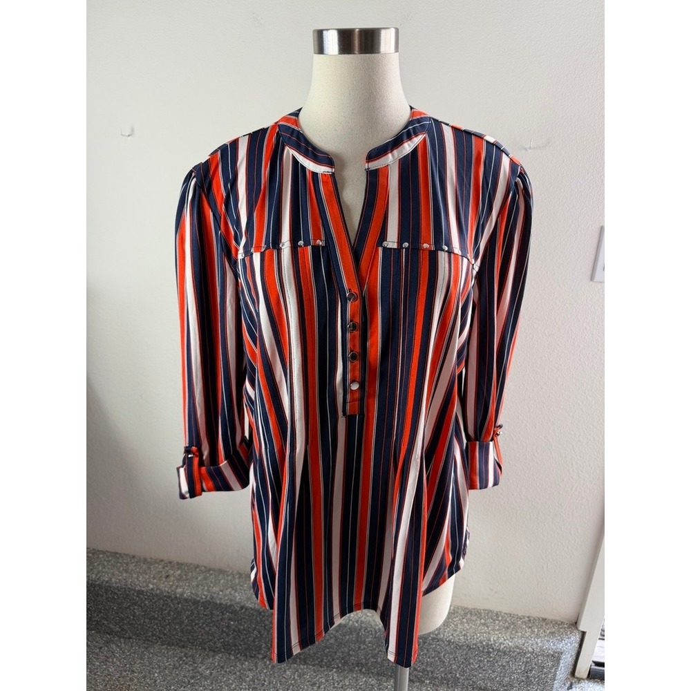 NEW Cocomo Women XL Navy Orange White Striped Studded Roll Tab Sleeve Blouse